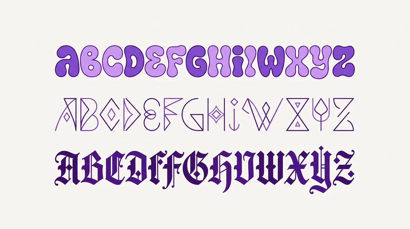 Side-by-side comparison of rounded, preppy, and gothic typefaces in a design editor
