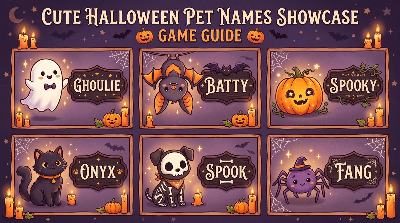 Halloween pet name ideas like Boo, Hex and Ghost shown in spooky fonts