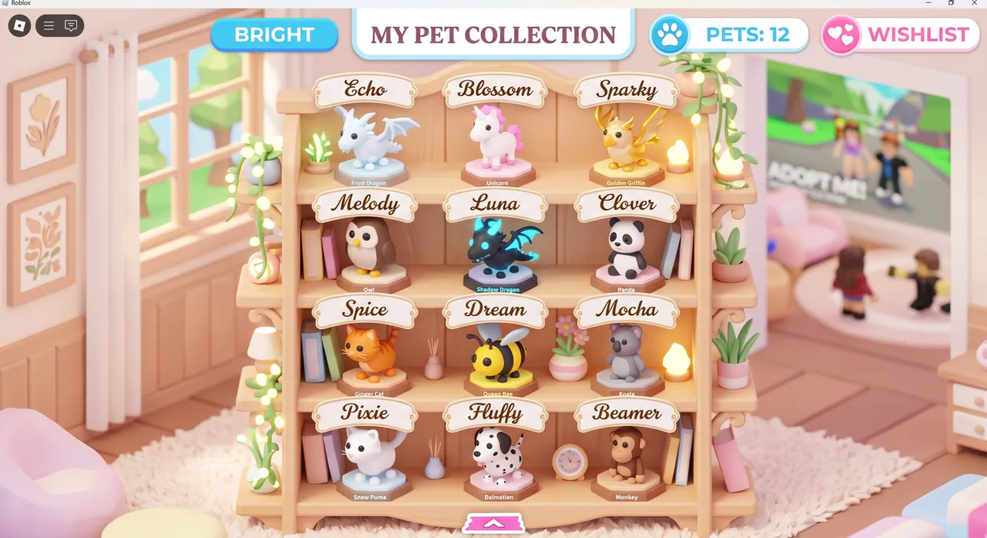 Adopt Me pet collection with styled fancy font names