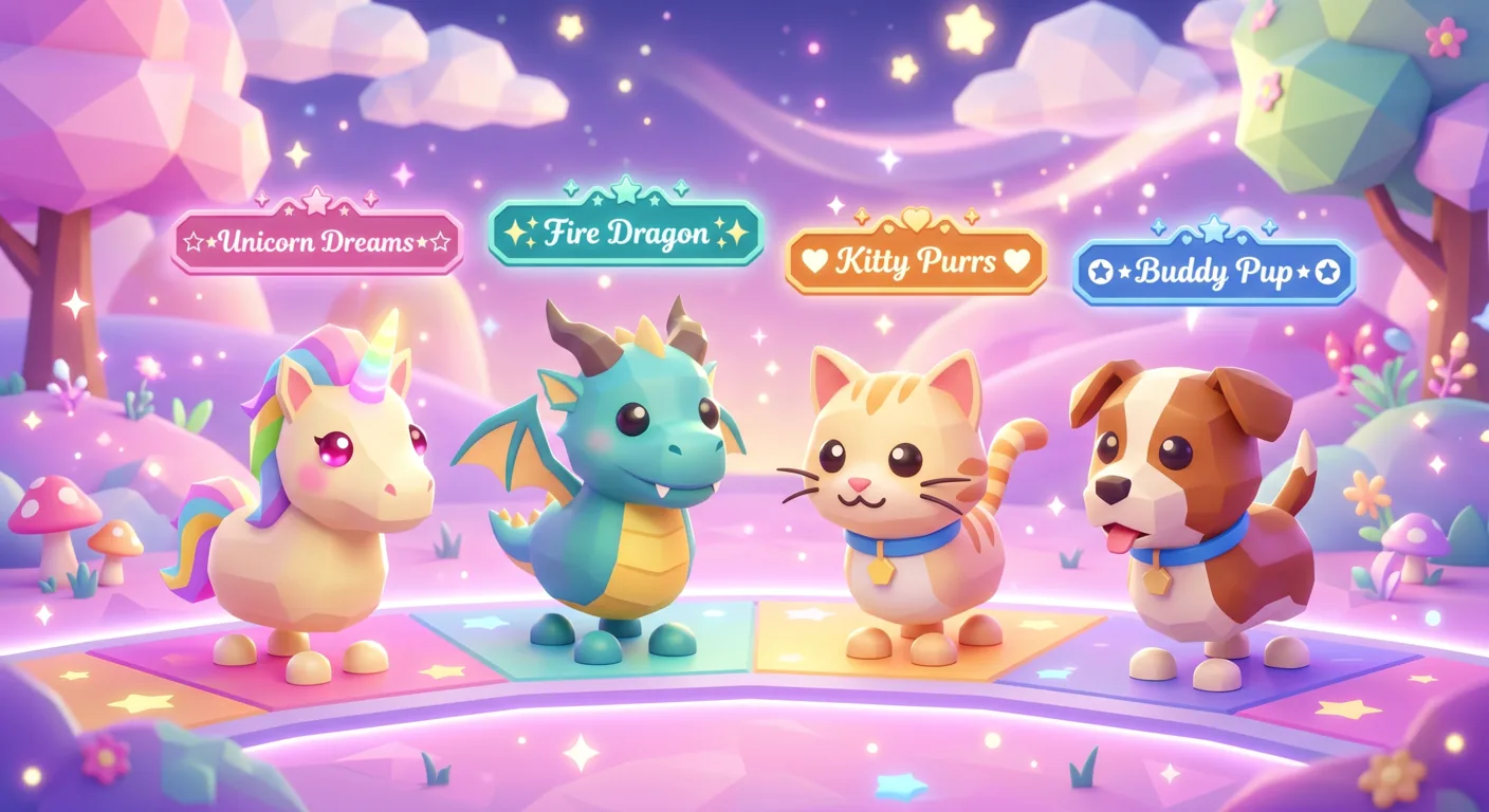 Adopt Me pets with fancy decorated name tags