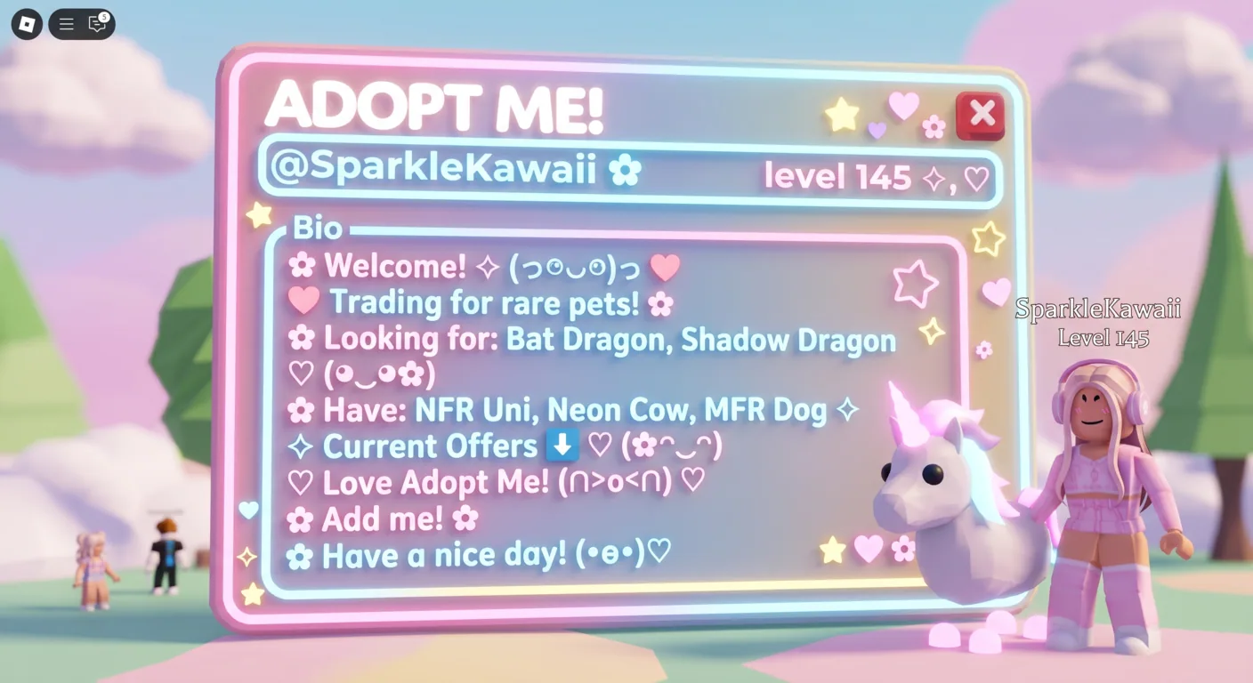 Adopt Me profile card decorated with symbols and kaomoji