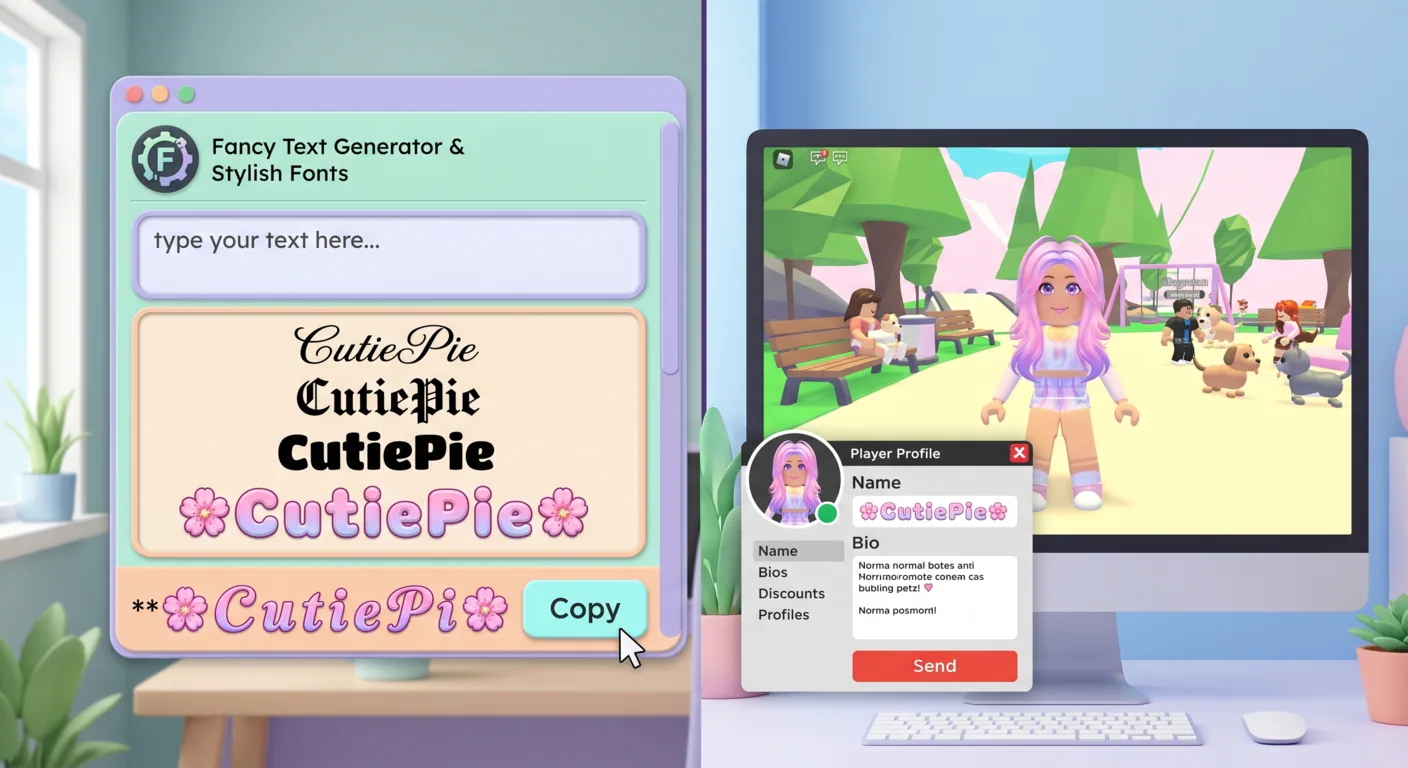 Font generator tool and Adopt Me game screen comparison