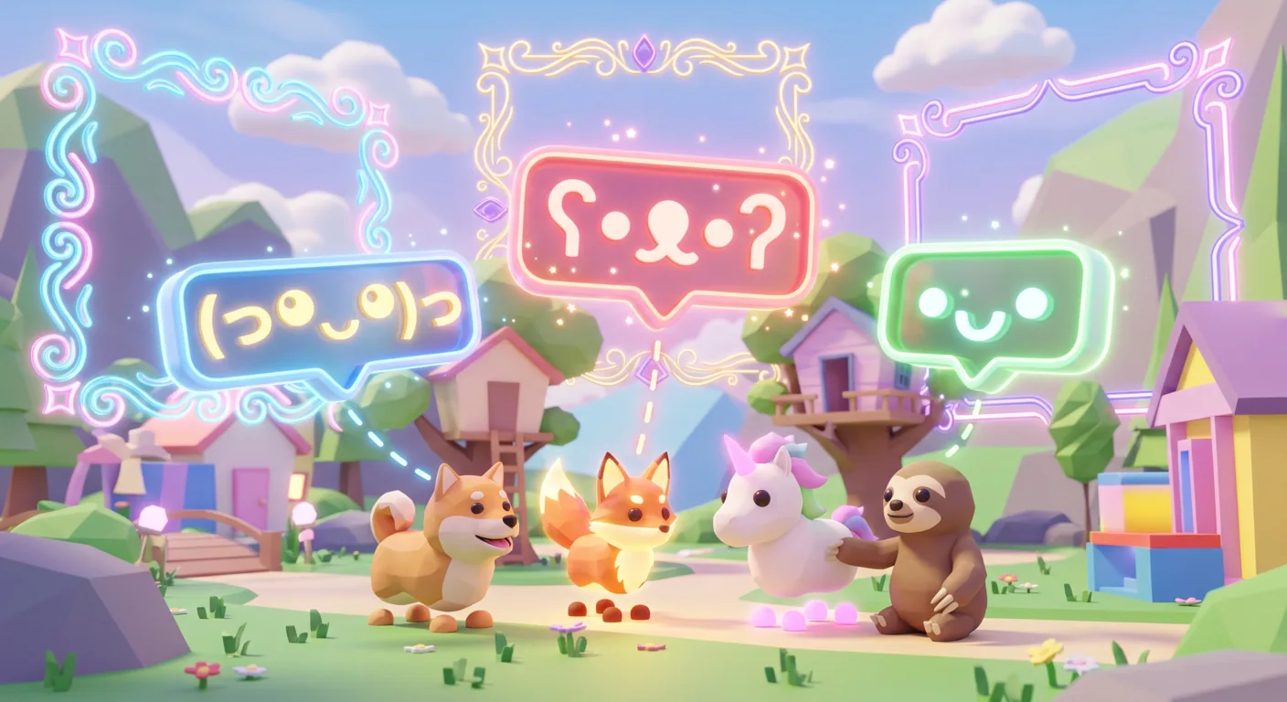 Kaomoji faces and decorative frames floating above Adopt Me pets