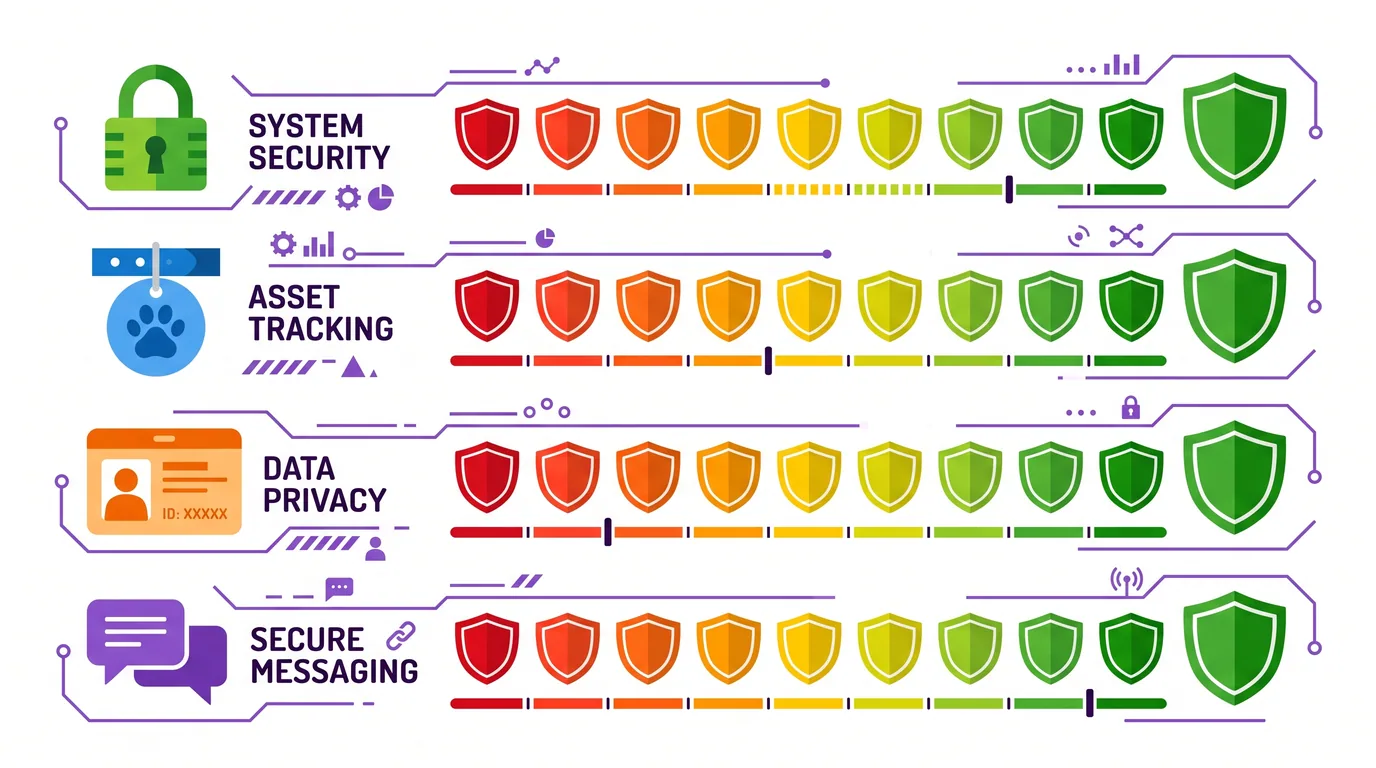 Shield-level diagram comparing filter strictness across username, pet name, bio and chat fields