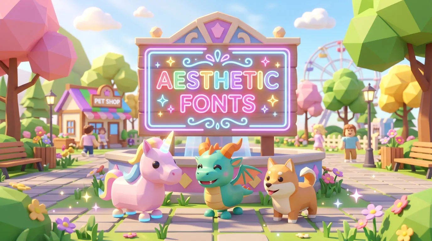 Adopt Me trading screen showing different aesthetic text styles on name tags